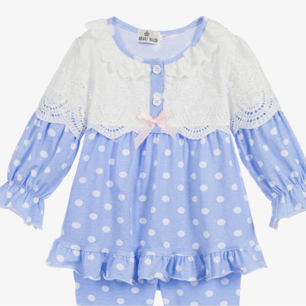 Beau kids Blue and White Polka Dot Pajama top 130 cm